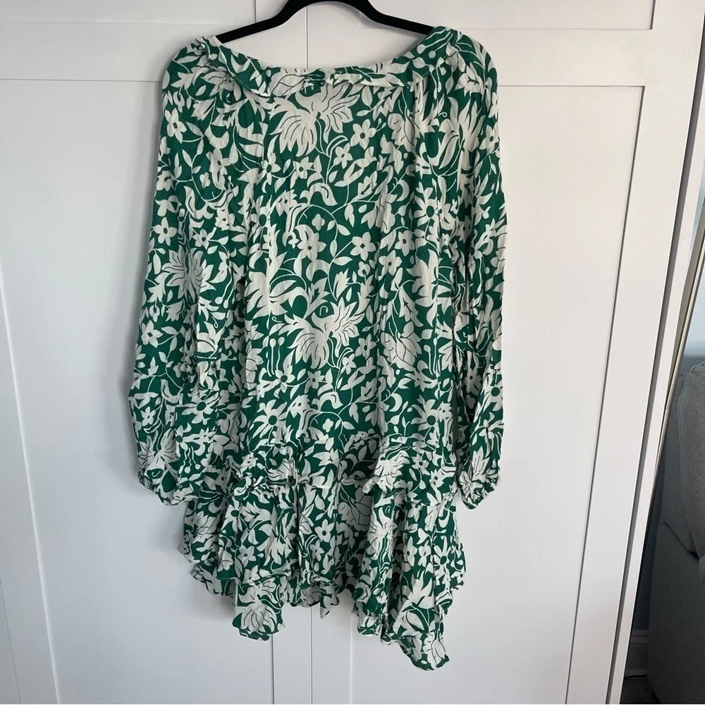 Free People Rebecca Floral Ruffle Long Sleeve Casual Green & White Mini Dress L - Picture 4 of 11